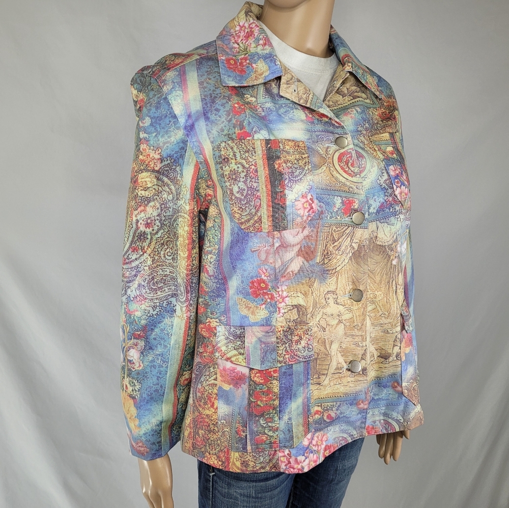 RARE Vintage Metric Women Denim Jacket  Tapestry Art Graphic Pattern. Size Large